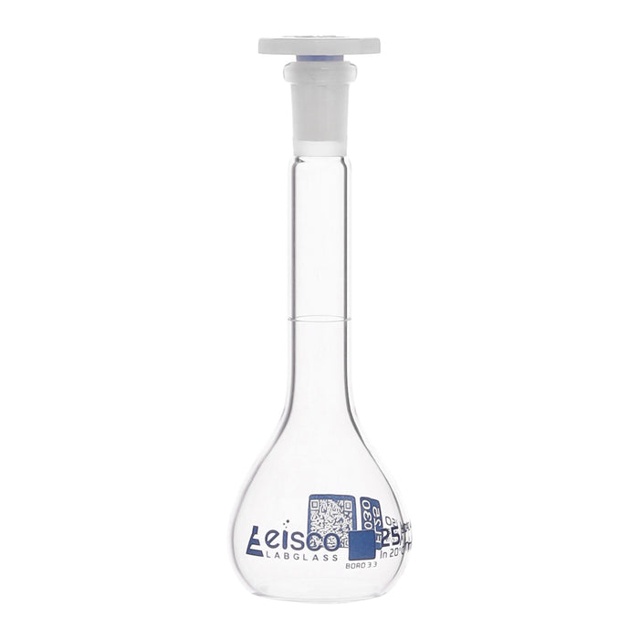 Volumetric Flask, 25mL - Class A - Borosilicate Glass, Polyethylene Stopper, 10/19 Socket - QR Code Marking for Calibration Certificate