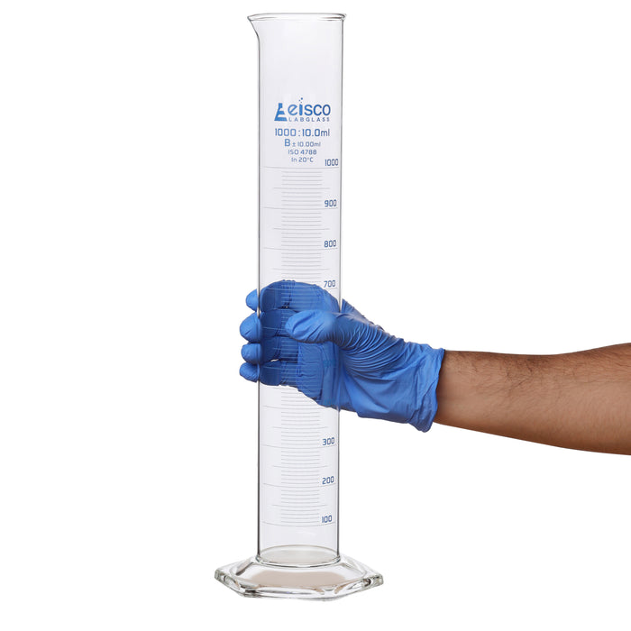 Graduated Cylinder, 1000ml - Class B - Blue Graduations, Hexagonal Base