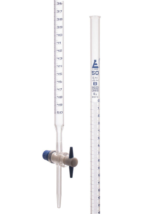 Burette, 50mL - Class B - with PTFE Stopcock - Blue Graduations - Borosilicate Glass