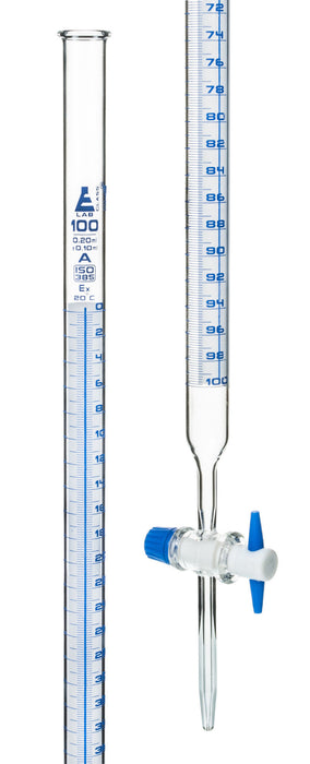 Schellbach Burette, 100mL - Class A - PTFE Stopcock - Blue Graduations - Borosilicate Glass