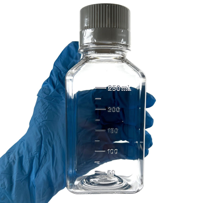 Eisco - Pack of 24, 250mL Sterile PETG Media Bottles with HDPE Caps, Square, Leak-Proof, Tamper-Evident, Non-Pyrogenic, Gamma Sterilized, Ideal for Lab Reagents, Buffers & Biopharmaceutical Use