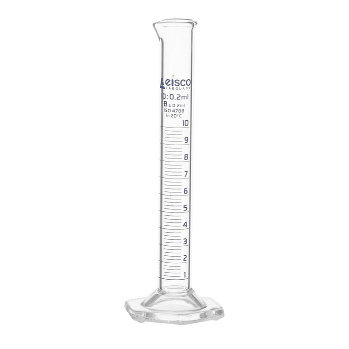 Graduated Cylinder, 10ml - Class B - Blue Graduations, Hexagonal Base
