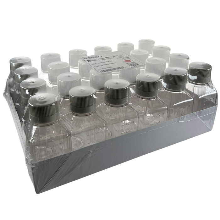 Eisco - Pack of 24, 250mL Sterile PETG Media Bottles with HDPE Caps, Square, Leak-Proof, Tamper-Evident, Non-Pyrogenic, Gamma Sterilized, Ideal for Lab Reagents, Buffers & Biopharmaceutical Use