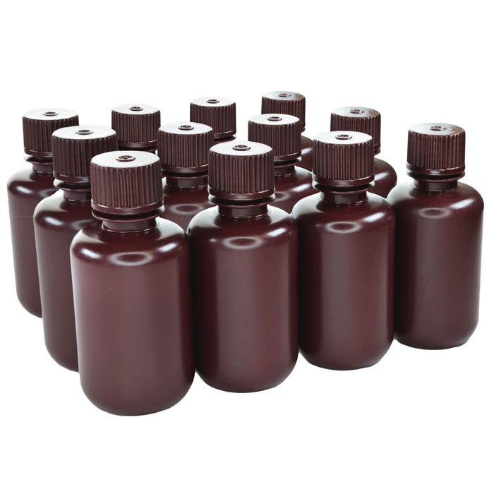 Eisco - Pack of 12 60mL Narrow Mouth Amber HDPE Reagent Bottles with Polypropylene Caps, Non-Sterile, Light-Sensitive Storage, -100 to 120°C Temperature Range, Leak-Proof Tested, Lab Sample Containers