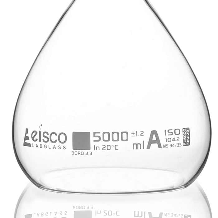 Eisco - 5000mL Borosilicate Volumetric Flask Class A with Hollow Glass Stopper White Print with Certificate for Analytical Chemistry Pharmaceutical and Laboratory Use
