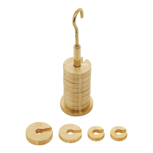 Eisco Labs Brass Slotted set of Masses and Hanger (50g Hanger, two 5g discs, one 10g disc, and nine 20g discs - overall mass 250g)