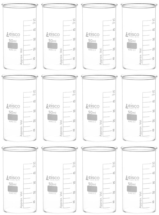 12PK Beakers, 50mL - Berzelius Tall Form, No Spout - Graduated - Borosilicate Glass