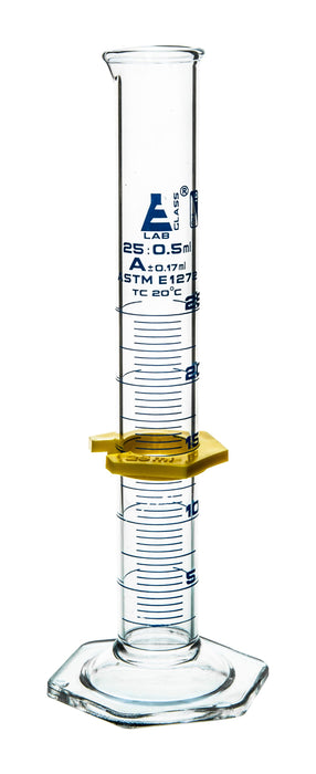 Graduated Cylinder, 25mL - ASTM Class A - Protective Collar, Hexagonal Base - Blue Graduations - Borosilicate Glass