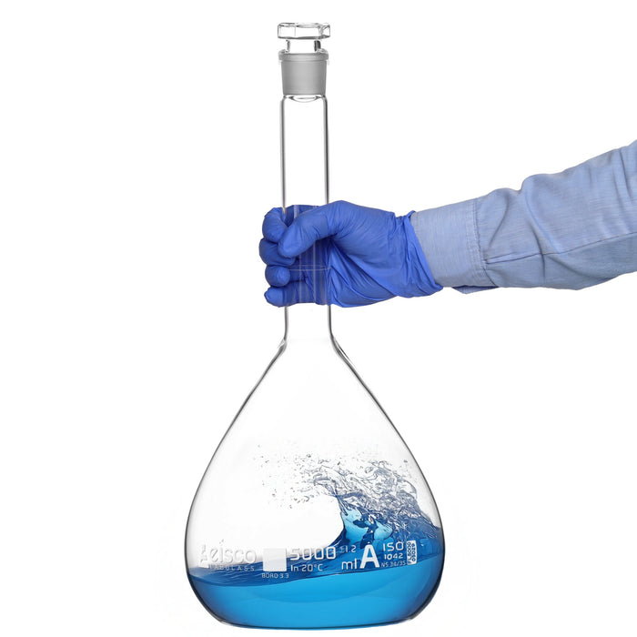 Eisco - 5000mL Borosilicate Volumetric Flask Class A with Hollow Glass Stopper White Print with Certificate for Analytical Chemistry Pharmaceutical and Laboratory Use