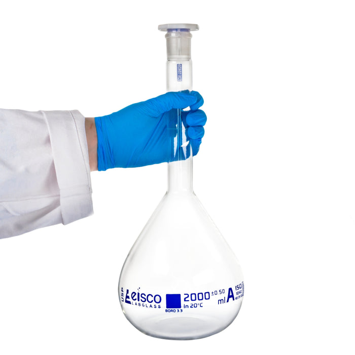 Eisco - 2000mL Volumetric Flask Class A ASTM-E288 Borosilicate Glass with 29/32 Polypropylene Stopper & Individual Work Certificate