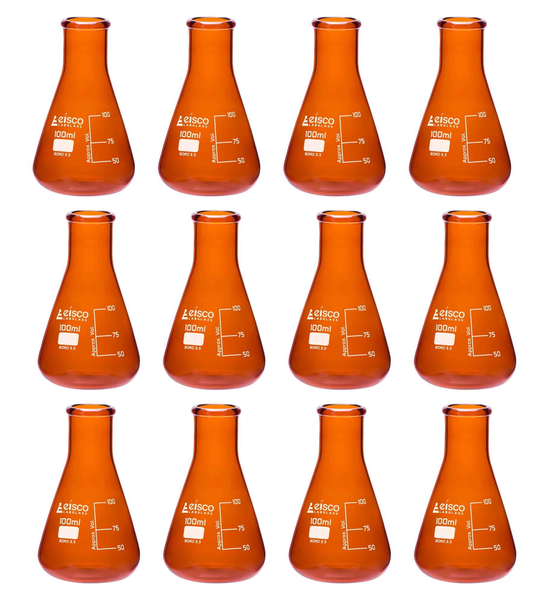 12PK Erlenmeyer Flask, Amber, 100mL Narrow Neck Borosilicate Glass