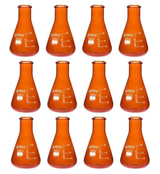 12PK Erlenmeyer Flask, Amber, 100mL - Narrow Neck - Borosilicate Glass