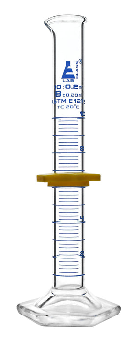 Graduated Cylinder, 10mL - ASTM Class B - Protective Collar, Hexagonal Base - Blue Graduations - Borosilicate Glass