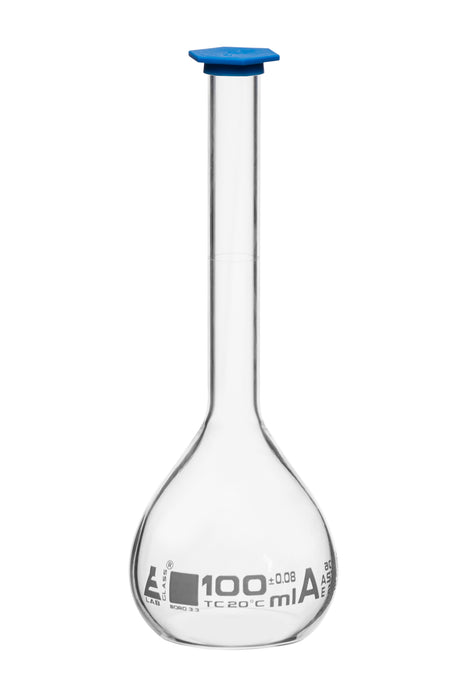 Volumetric Flask, 100ml - Class A, ASTM - Snap Cap - White Graduation Mark, Tolerance ±0.080ml - Borosilicate Glass - Eisco Labs