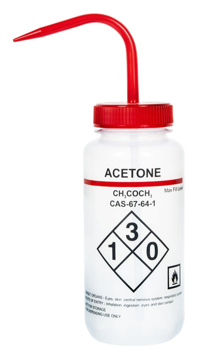 500ml Capacity Labelled Wash Bottle for Acetone - Color Coded Red - Self Venting, Low Density Polyethylene (Discontinued)