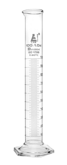 Graduated Cylinder, 100ml - Class B - White Graduations, Hexagonal Base