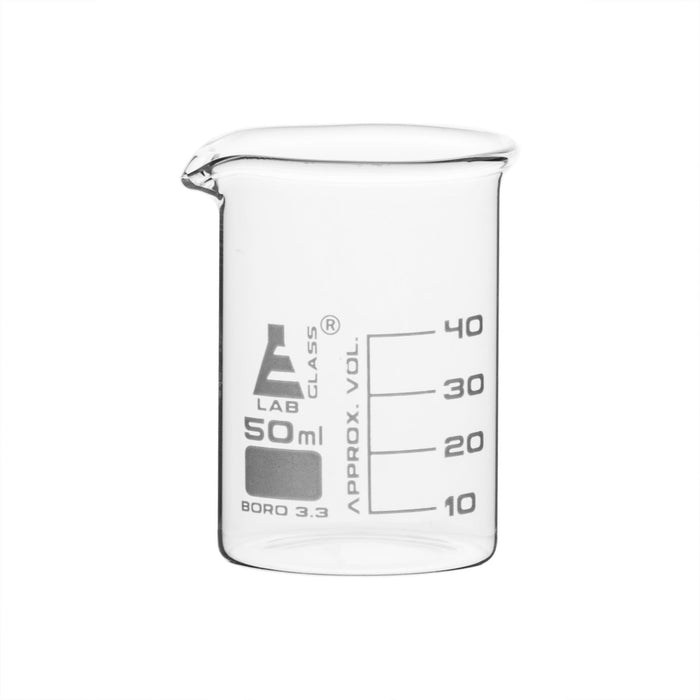 12PK Beakers, 50ml - Low Form - 10ml Graduations - Borosilicate Glass