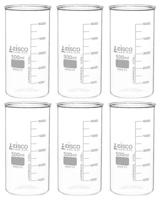 6PK Beakers, 500mL - Berzelius Tall Form, No Spout - Graduated - Borosilicate Glass