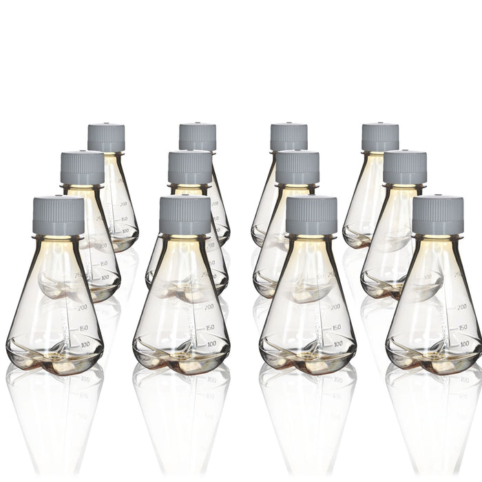 Eisco - Pack of 12, 250mL Sterile Polycarbonate Erlenmeyer Flasks, Non-Vented, Baffled Bottom, Gamma Sterilized, USP Class VI, Lab-Grade, Mixing, Cell Culture, Shaker Compatible