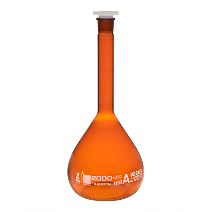 Volumetric Flask, 2000ml - Class A - 29/32 Polypropylene Stopper, Borosilicate Glass, Amber - White Graduation Mark, Tolerance ±0.600 ml - Eisco Labs