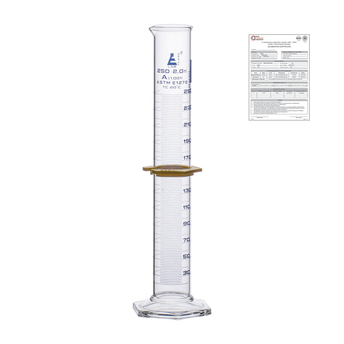 Graduated Cylinder, 250mLL - ASTM Class A - Protective Collar - Hexagonal Base - Blue Graduations - With Individual Work Certificate - Borosilicate Glass