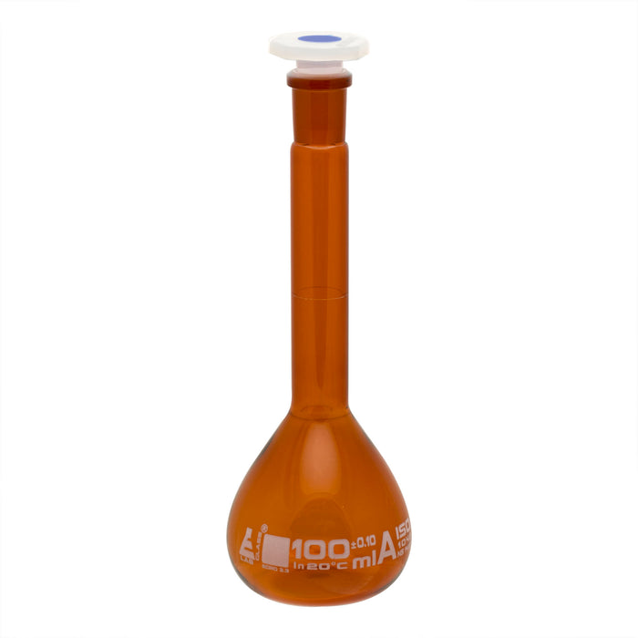 Volumetric Flask, 100ml - Class A - 14/23 Polypropylene Stopper, Borosilicate Glass, Amber - White Graduation Mark, Tolerance Â±0.100 ml - Eisco Labs