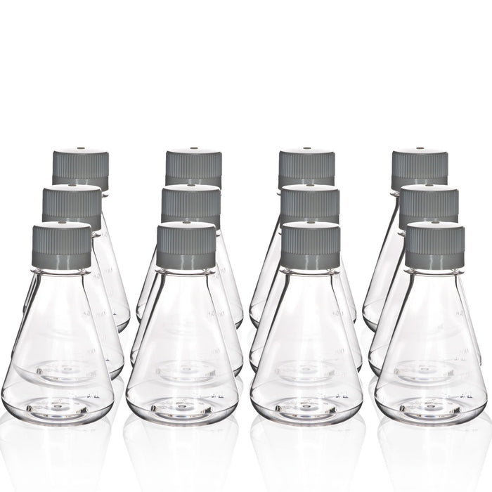 Eisco - Pack of 12, 250mL Sterile PETG Erlenmeyer Flasks, Non-Vented, Flat Bottom, Lab-Grade, Gamma Sterilized, USP Class VI, Ideal for Cell Culture, Biopharmaceutical Processing, Chemical Storage