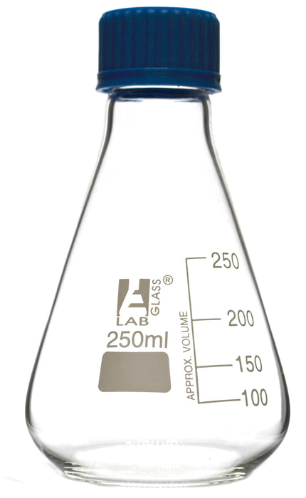Erlenmeyer Flask, 250ml - Borosilicate Glass - With PTFE Screw Cap - Conical Shape - White Graduations - Eisco Labs