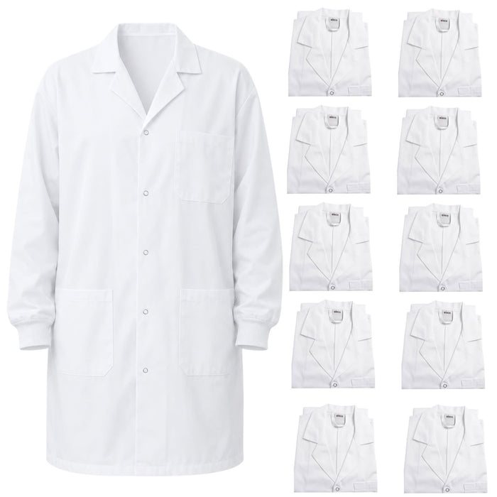 Eisco Adult XS Professional Grade Poly-Cotton Lab Coat with Ribbed Cuffs, 10 Pack – Durable Snap Front Laboratory Coat, 3 Pockets, Machine Washable, White