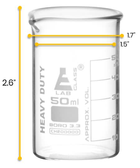 12PK Heavy Duty Beakers, 50ml - 2.2mm Thick, Uniform Walls - Superior Durability & Chemical Resistance - White Graduations - Borosilicate 3.3 Glass - Eisco Labs