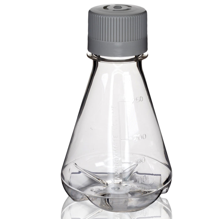 Eisco - Pack of 1, 250mL Sterile PETG Erlenmeyer Flask, Vented, Baffled Bottom, Gamma Sterilized, USP Class VI, Lab-Grade, Cell Culture, Mixing, Shaker Compatible
