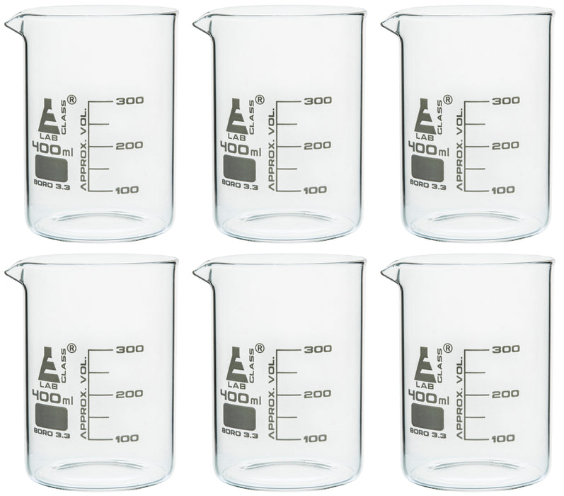 6PK Beakers, 400ml - Griffin Style, Low Form with Spout - White, 50ml Graduations - Borosilicate 3.3 Glass