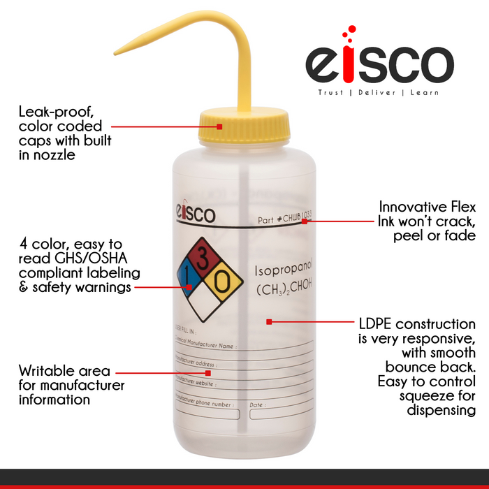 2PK Performance Plastic Wash Bottle, Isopropanol, 1000 ml - Labeled (4 Color)