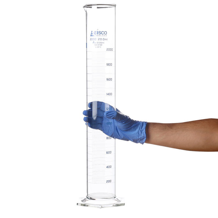Graduated Cylinder, 2000ml - Class A - Blue Graduations, Hexagonal Base