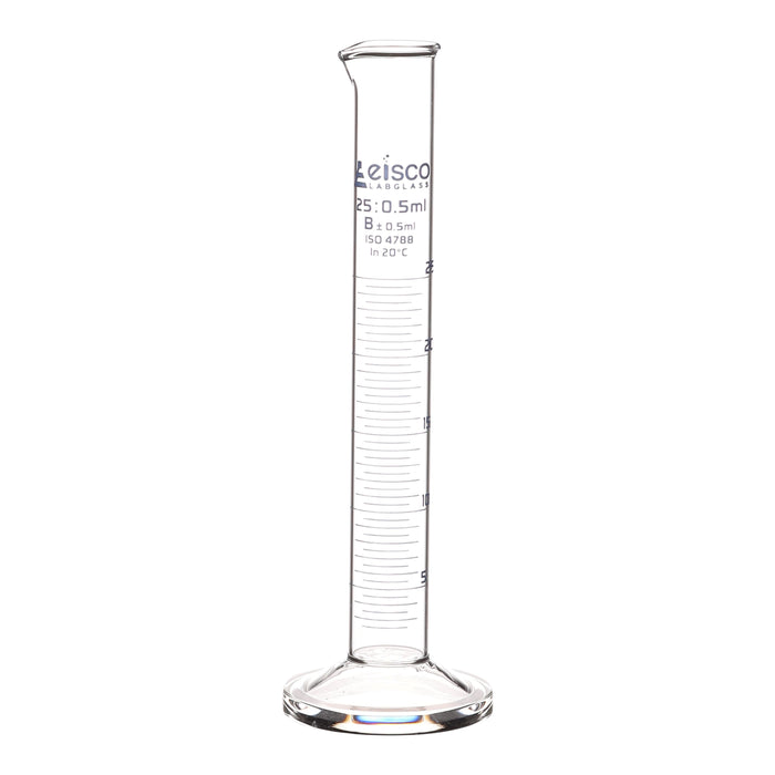 Graduated Cylinder, 25mL - Class B - Round Base - Blue Graduations - Borosilicate Glass
