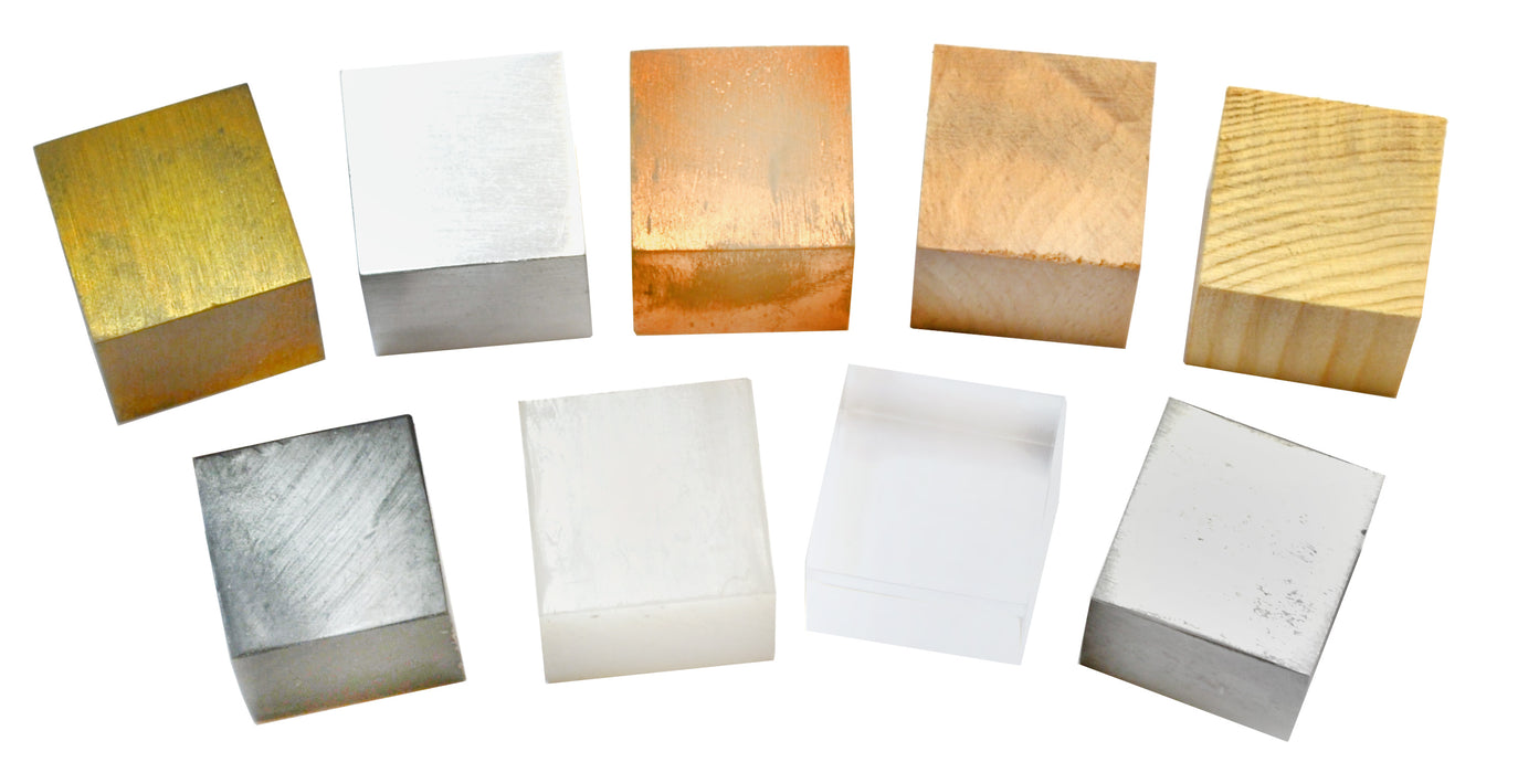 9pc Specimen Density Cube Set - Brass, Iron, Copper, Aluminum, Hardwood, Softwood, Nylon, PVC & Acrylic - For Studying Density & Mass