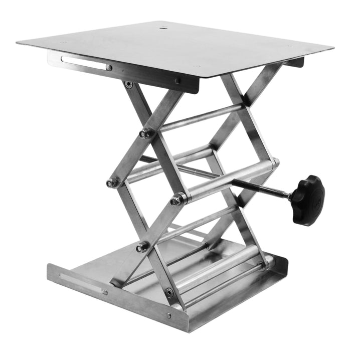 Laboratory and Fabrication Scissor Jack, Extendable with Hand Crank and Rubber Feet - Full Extension: 11 Inches - Rust-Resistant Stainless Steel - Premium Quality - Eisco Labs