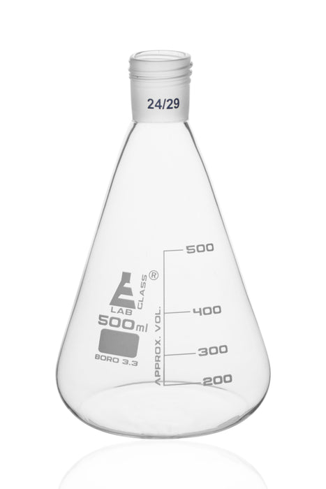 Erlenmeyer Flask with 24/29 Joint, 500ml - 100ml White Graduations - Interchangeable Screw Thread Joint - Borosilicate Glass - Eisco Labs