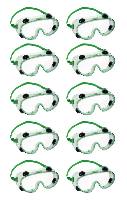 10PK Safety Goggles - Indirect Vent, Anti-Fog - Adjustable Fit