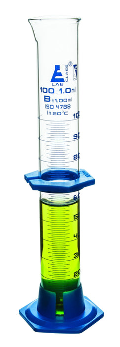 Graduated Cylinder, 100mL - Class B - Detachable, Plastic Hexagonal Base & Protective Collar - Blue Graduations - Borosilicate Glass