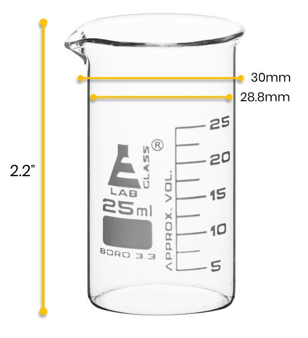 Beaker, 25ml - Tall Form - White Graduations - Borosilicate Glass
