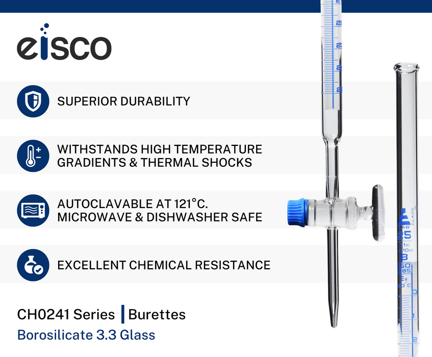 Schellbach Burette, 25mL - Class B - Glass Stopcock - Blue Graduations - Borosilicate Glass
