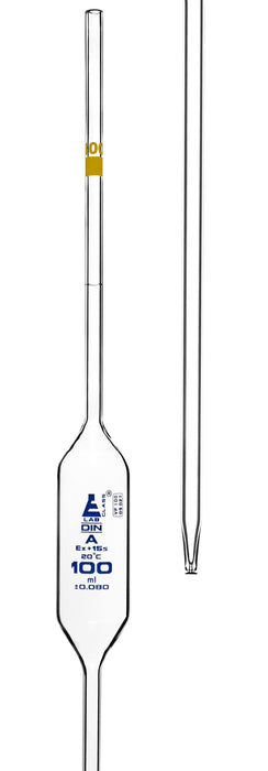 Volumetric Pipette, 100mL - Class A - Blue Markings - Yellow Coded - Borosilicate Glass - Eisco Labs