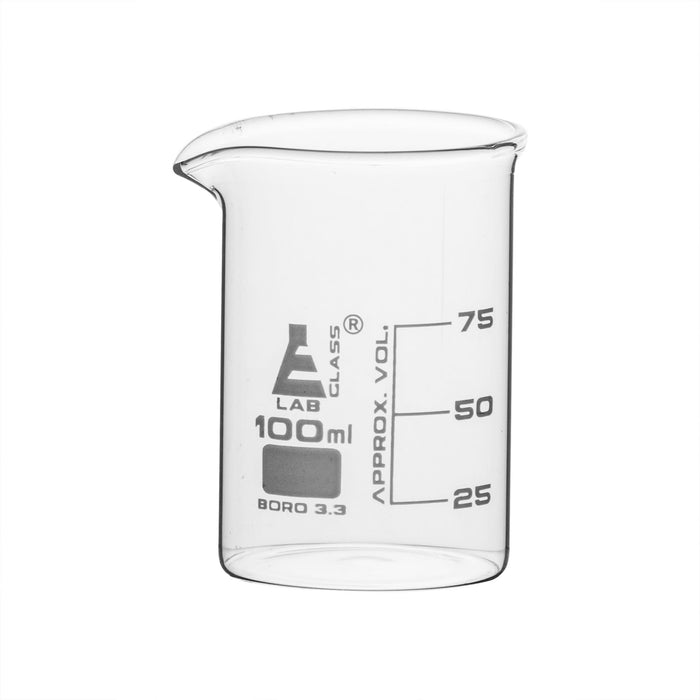 12PK Beakers, 100ml - Low Form - 25ml Graduations - Borosilicate Glass