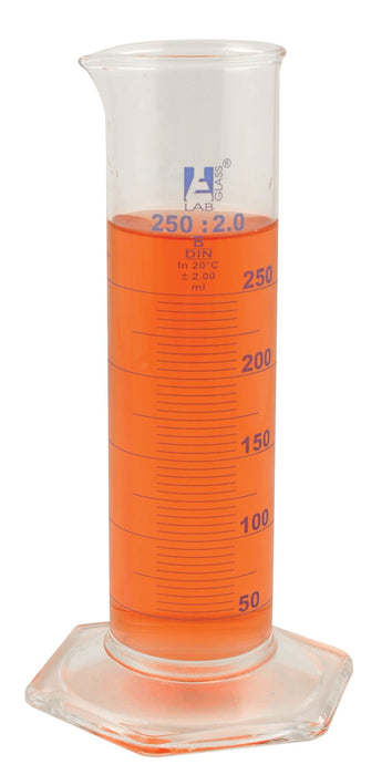 Graduated Cylinder, 250mL - Class B - Squat Form - Hexagonal Base - Blue Graduations - Borosilicate Glass