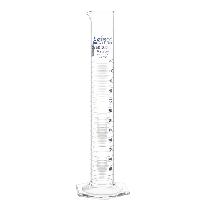 Eisco Labs - 250mL Measuring Cylinder - Tolerance ±1.00mL - Class A Graduated Cylinder - Calibrated TC - Hexagonal Base - Blue Graduations - Batch Work Certificate QR Code - Boro 3.3 Glass
