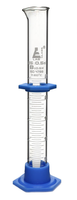 Graduated Cylinder, 25mL - Class B - Detachable, Plastic Hexagonal Base & Protective Collar - White Graduations - Borosilicate Glass