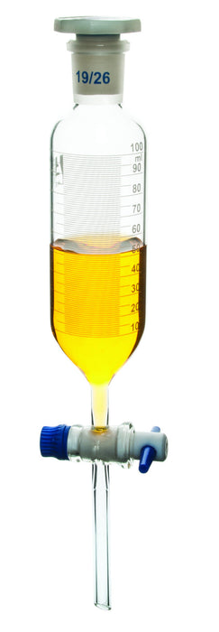 Dropping Funnel, 500ml - 29/32 Plastic Stopper - Graduated, PTFE Key Stopcock - Cylindrical - Borosilicate Glass - Eisco Labs