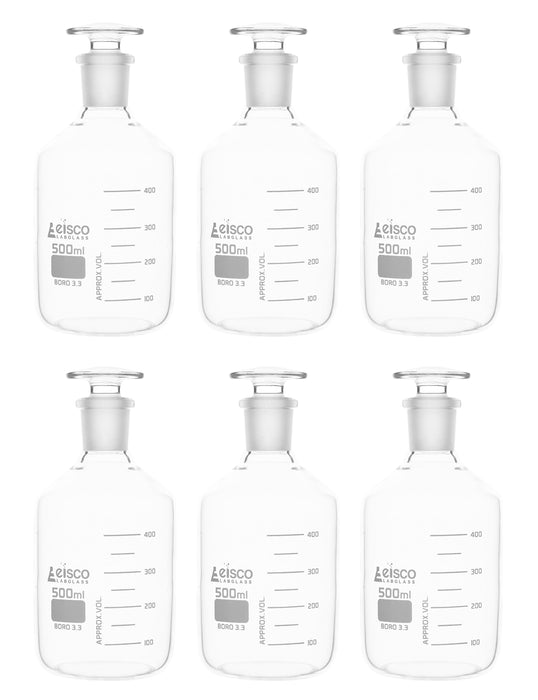 6PK Reagent Bottles, 500mL - Graduated - Narrow Mouth with Solid Glass Stopper - Borosilicate Glass