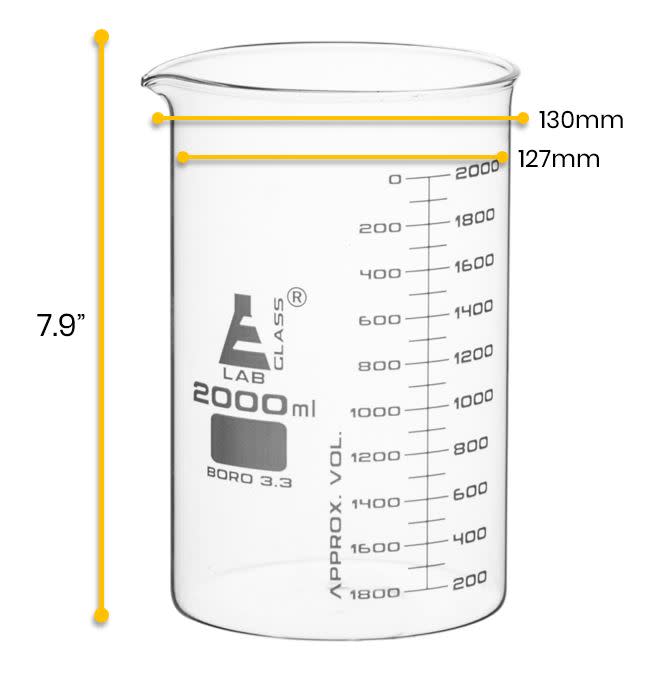 Beaker, 2000ml - ASTM - Low Form, Dual Scale Graduations - Borosilicate Glass